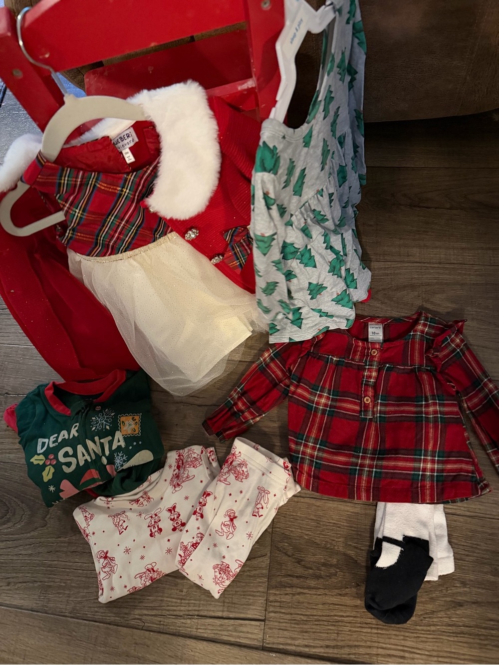 Disney Pajamas, Red Plaid & Cream Tulle Holiday Dress with White Faux Fur Collar